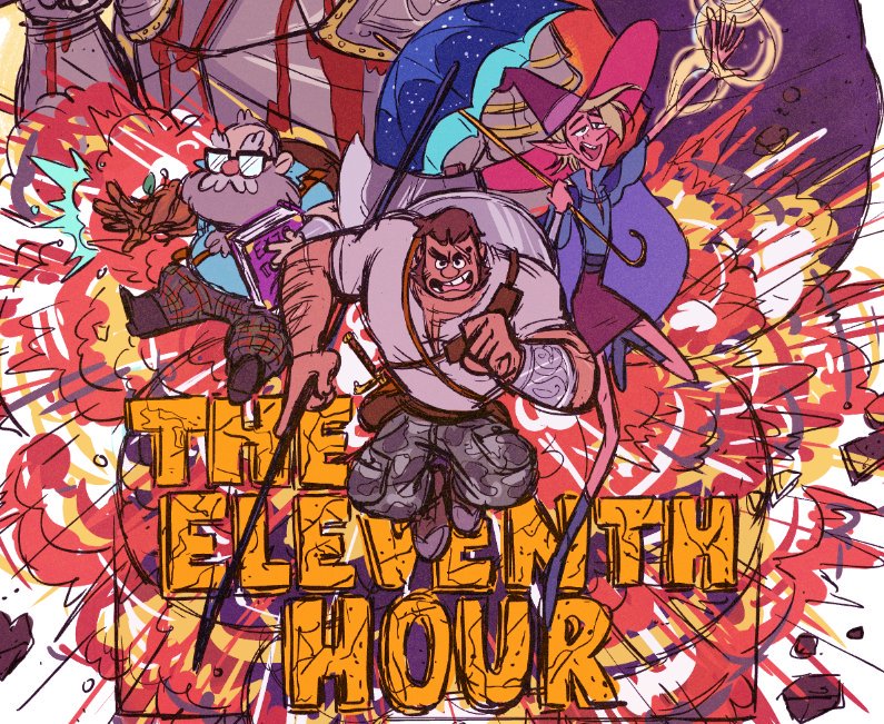 Merle, Magnus, and Taako superimposed over the title of the arc, "The Eleventh Hour"