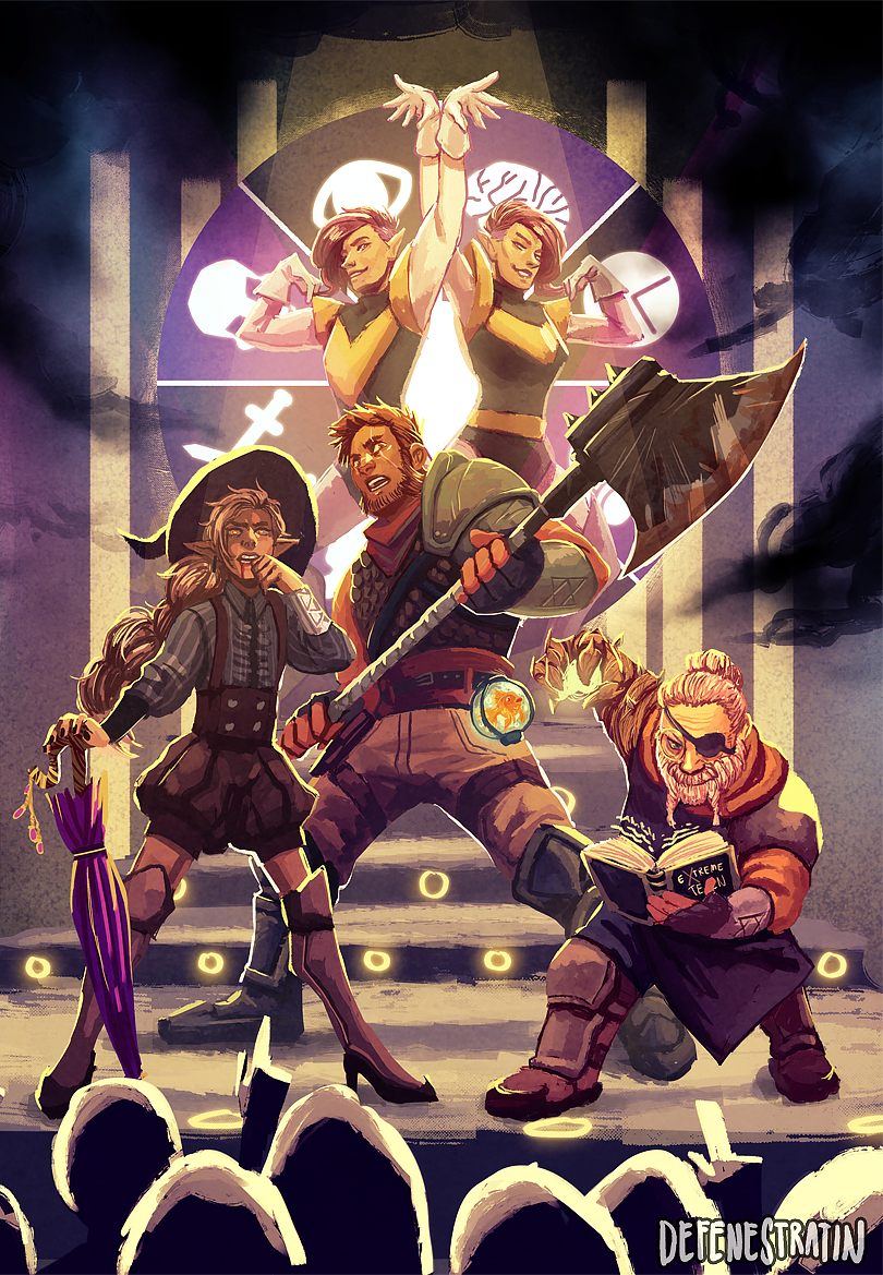 The Wonderland Twins pose behind Taako, Magnus, and Merle