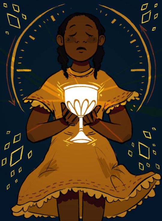 With her eyes closed, June (Junebug) stands behind a clock face, holding the chalice with both hands