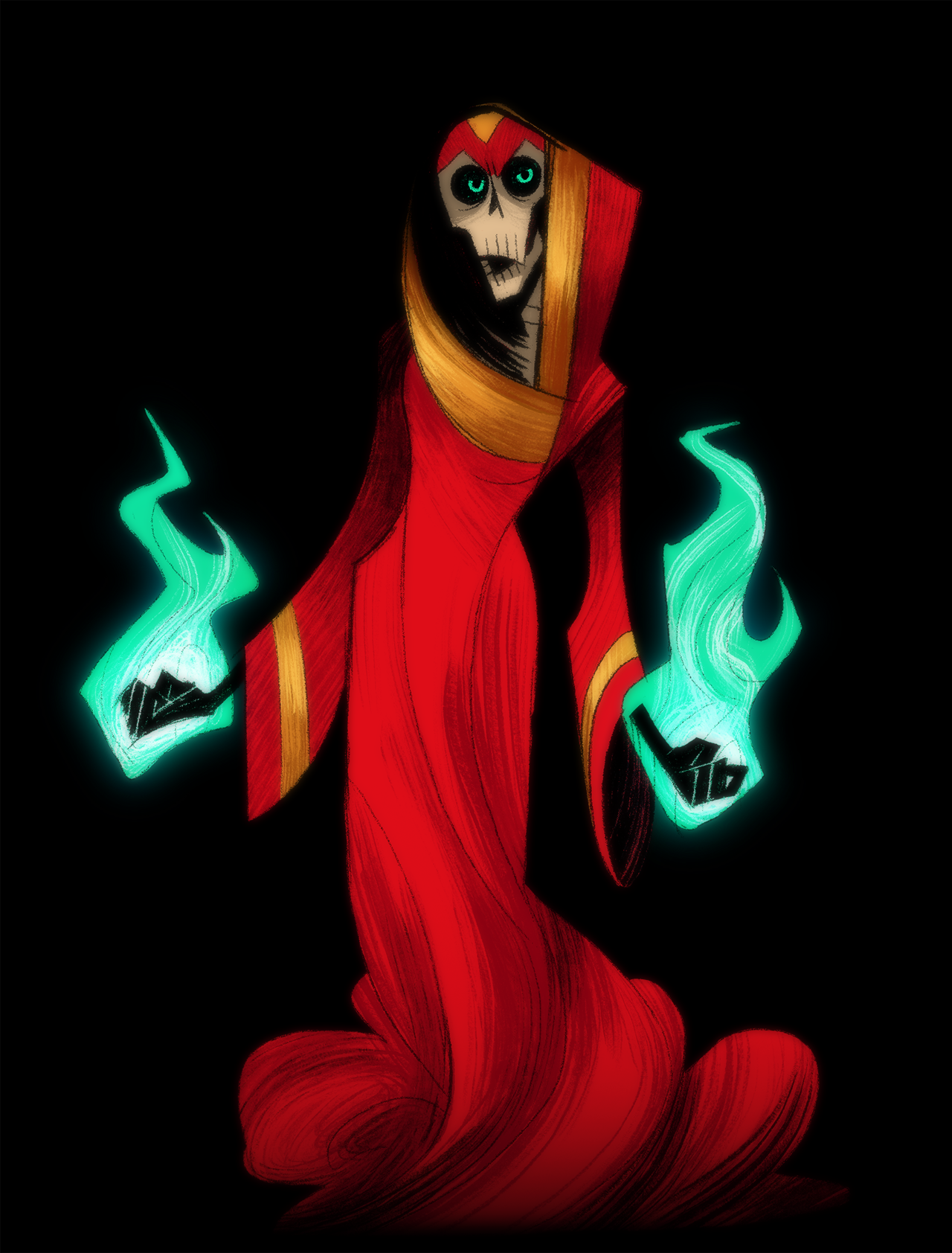 Lup in her lich form stands with green-blue flames engulfing her hands
