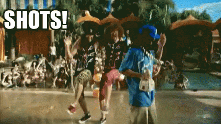 animated gif of men dancing while the word shots! repeats itself nine times