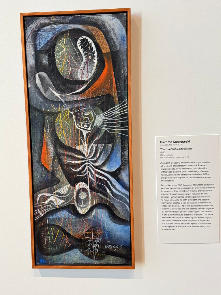 Gerome Kamrowski
United States, 1914-2004
The Student (L'Etudiante)
1950
Oil on canvas
Gift of Mr. Jean Paul Slusser, 1975/1.77
A student of leading European avant-garde artists, a friend and collaborator of New York Abstract Expressionists, and a teacher at the University of Michigan's School of Art and Design, Gerome Kamrowski came to Surrealism in the late 1930s and continued to explore its possibilities for almost
wo decades.
According to the 1924 Surrealist Manifesto, Surrealism was "pure psychic automatism, by which one proposes to express, either verbally, in writing, or by any other manner, the real functioning of thought." In The Student-which perhaps makes playful reference to his experiences as both a student and teacher-Kamrowski creates a self-contained otherworld of shapes and colors. The forms evoke microscopic life, terrestrial existence and the cosmos, woven together by narrow ribbons of color that suggest the canvas is charged with neuro-electrical impulses. The visual elements also imply a seated figure, whose organs are indicated by the white shapes; this is perhaps the student of title, seated in a pose of meditation, whose physical and psychical inner workings are made visible.
KAMRONSK'