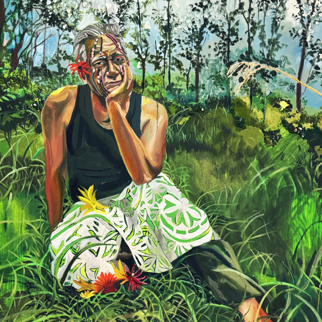 a painting of a person sitting in a field; real flower petals and seashells were used in the painting